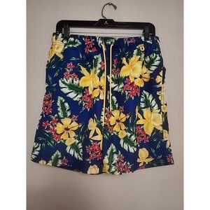 Lands End Men's Swim Shorts Floral Hawaiian Trunk‎ Blue Yellow M trunks Tropical